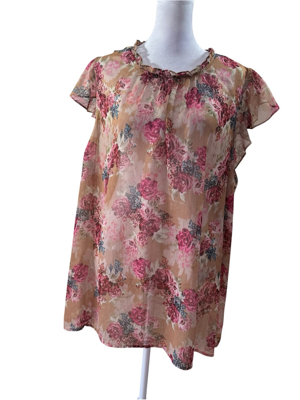 Womens Torrid Plus Size 3 Floral Chiffon Flutter Sleeve Ruffle Blouse sheer